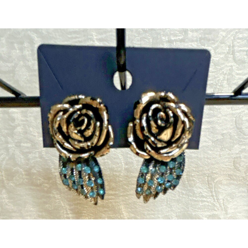 Vintage Antique Bronze 3D Rose Flower Earrings Blue Rhinestone Leaf Screw Back